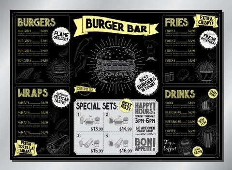 Burger bar card template - table menu - A3 size (420x297 mm) Stock Illustration