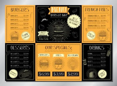 Burger bar card template - table menu - A3 size (420x297 mm) Stock Illustration