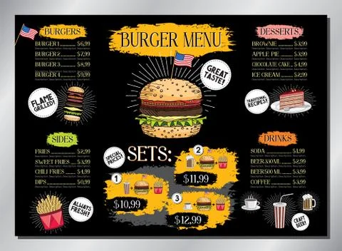 Burger bar card template - table menu - A3 size (420x297 mm) Stock Illustration