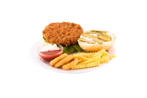 Burger with breaded cutlet with sour cream and pickles Stock Photos