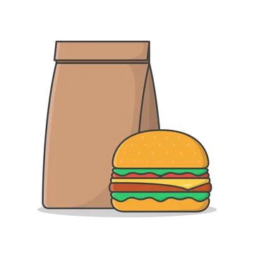 Burger with Burger Paper Bag Vector Icon Illustration. Simple Burger Set. D.. Stock Illustration