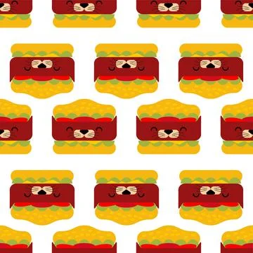 Burger cat cartoon pattern seamless. Hamburger cat background Stock Illustration