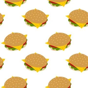 Burger with Cheese Slice Tomato and Greens leaves Seamless Pattern Fast food Stock Illustration