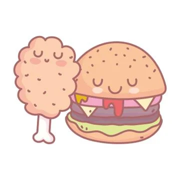 Burger chicken leg character menu restaurant food cartoon Stock Illustration