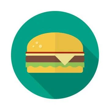 Burger circle icon with long shadow. Flat design style. Hamburger simple silh Stock Illustration
