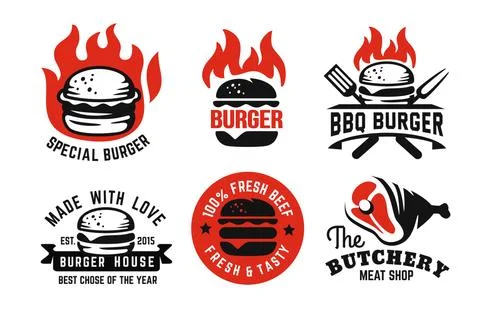 Burger emblem on fire set for menu Illustrazione stock