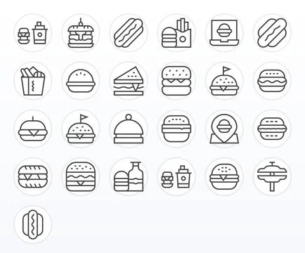 Burger Exclusive Vector Set featuring 25 Regular Line Editable Retina Ready.. Stock Illustration