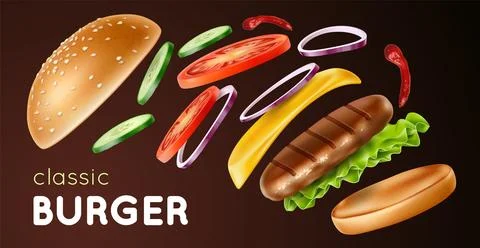 Burger explosion background. Realistic flying vegetables, cutlet and wheat bun Stock Illustration
