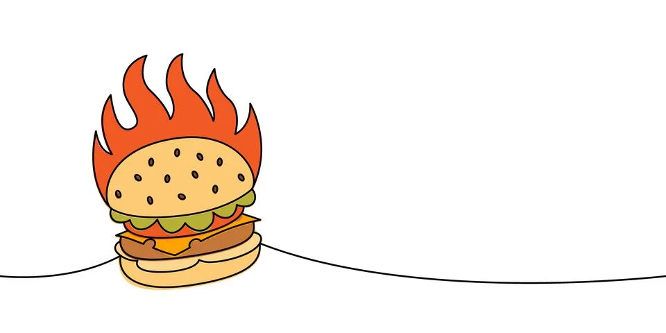 Burger with fire behind one line colored continuous drawing. Traditional Stock Illustration