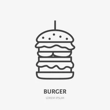 Burger flat line icon. Vector thin sign of fast food cafe logo. Large hamburger Stock Illustration