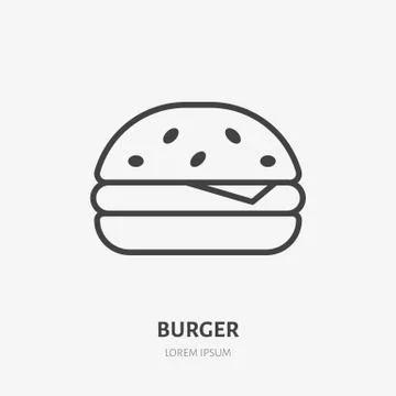 Burger flat line icon. Vector thin sign of fast food cafe logo. Hamburger Stock Illustration