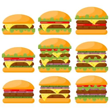 Burger flat vector illustration set. Hamburger, cheeseburger, double burger.  イラスト素材