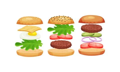 Burger with Floating Layer Ingredients as Fast Food Recipe Vector Set Stock Illustration