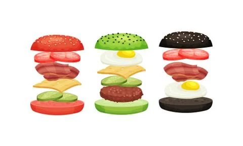 Burger with Floating Layer Ingredients as Fast Food Recipe Vector Set Stock Illustration