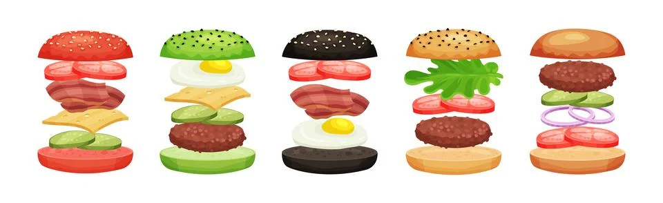 Burger with Floating Layer Ingredients as Fast Food Recipe Vector Set Stock Illustration