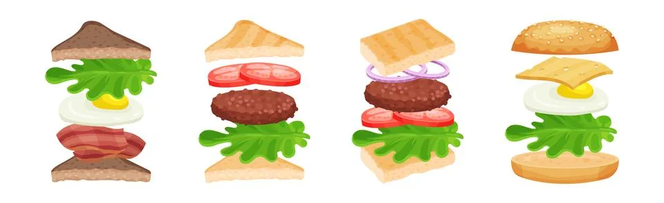 Burger with Floating Layer Ingredients as Fast Food Recipe Vector Set Stock Illustration