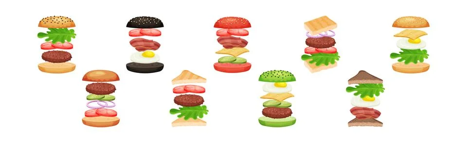 Burger with Floating Layer Ingredients as Fast Food Recipe Vector Set Stock Illustration