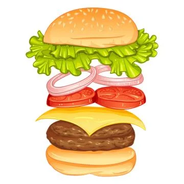 Burger with flying ingredients Stock Illustration