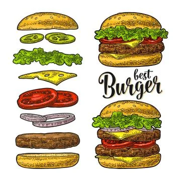 Burger with flying ingredients on white background. Vector black vintage イラスト素材