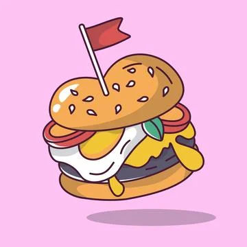 Burger with fried egg and mini flag cartoon style illustration vector Stock Illustration