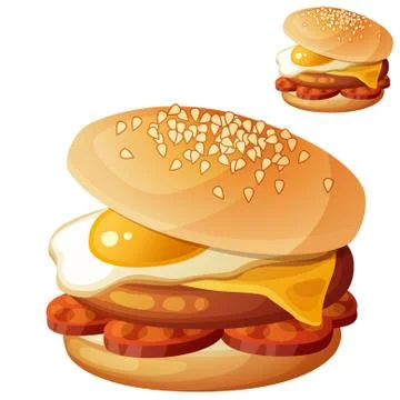 Burger with fried egg, cheddar cheese, beef cutlet, chorizo slices Stock Illustration