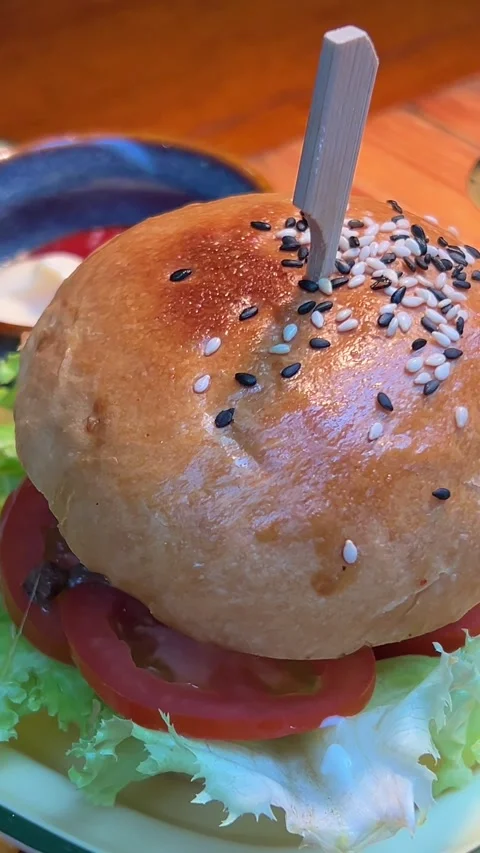 Burger fries salad Crispy, breaded chicken double burgers with vegetables and Stock Footage 275897261