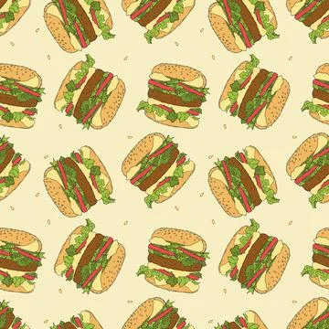 Burger hamburger pattern, doodle color hand-drawn contour drawing. Vector Stock Illustration