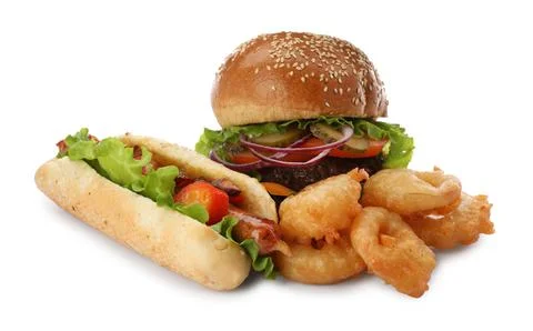 Burger, hot dog, fried onion rings on white background. Fast food Stock Photos