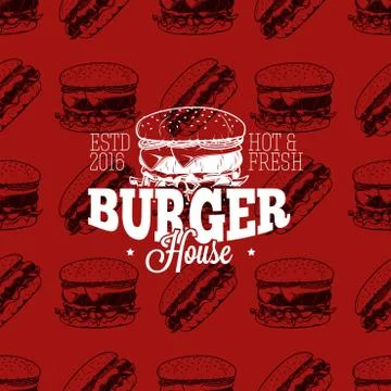 Burger house logo on seamless pattern fast food, vector illustration Illustrazione stock