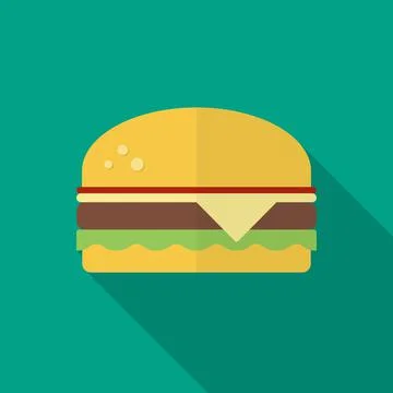 Burger icon with long shadow. Flat design style. Hamburger simple silhouette. Stock Illustration