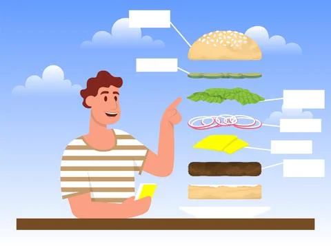 Burger include cutlet, tomato, cheese and salad. Vector flat color icon on .. Stock Illustration