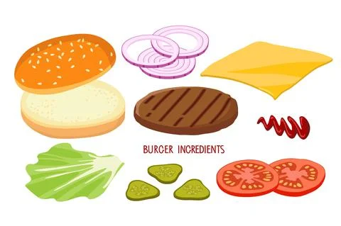 Burger ingredient set isolated on white. Hamburger Creation Product Kit. Chopped Stock Illustration