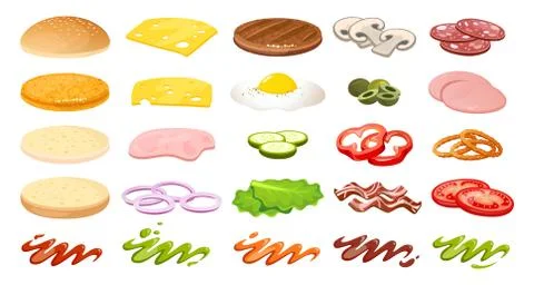 Burger ingredients and elements set Illustrazione stock
