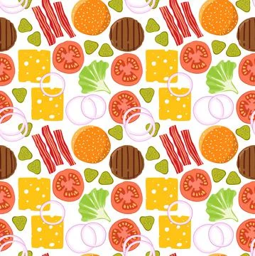 Burger ingredients seamless pattern. Cartoon hamburger recipe repeating pattern Stock Illustration