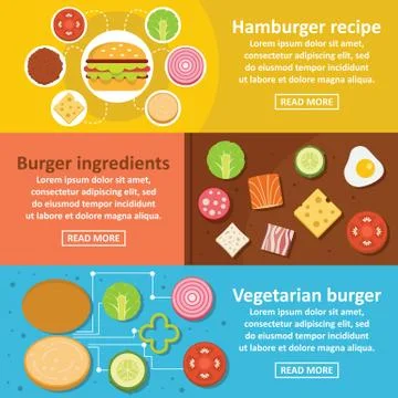 Burger kit banner horizontal set, flat style Stock Illustration