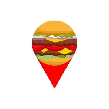 Burger location symbol of map. Fast food location sign of pin. Mark on map Stock Illustration