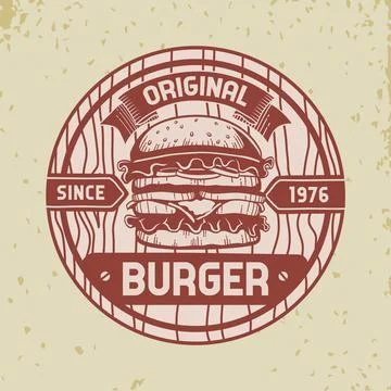 Burger Logo on Engraved Wood Vector Design Stock Illustration