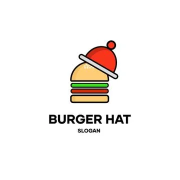 Burger logo using a hat. logo illustration of a burger using a red hat. food Illustrazione stock