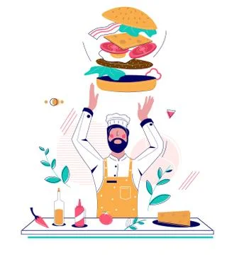 Burger making, vector flat style design illustration Illustrazione stock