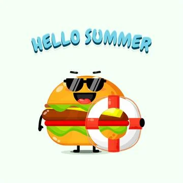 Burger mascot carrying a float with summer greetings Stock Illustration