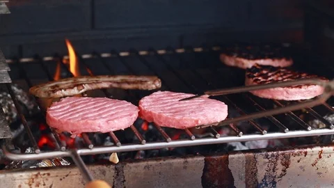 Burger meat on grill Stock Footage 91724403