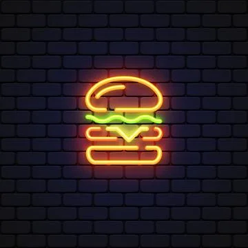 Burger neon icon on light background for decoration design. Vector illustration Stock Illustration