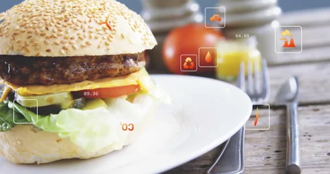 Burger with nutritional data and animation icons overlaying plate in kitchen 库存影片 305180519