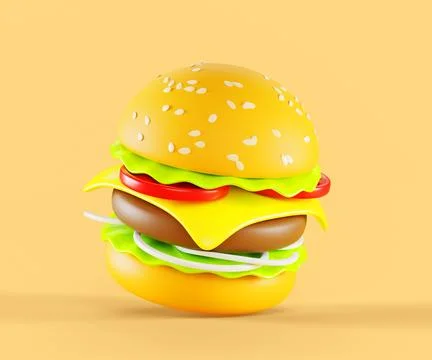 Burger or hamburger 3d render icon. Fast food, sandwich of sesame seed bun with Illustrazione stock
