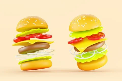 Burger or hamburger fly motion with slice ingredients 3d render icon set Stock Illustration