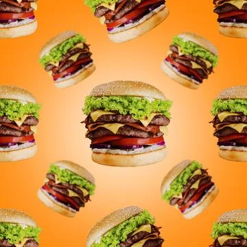 Burger pattern on orange background Stock Photos