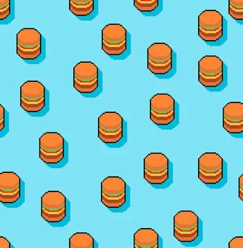 Burger pixel art pattern seamless. Hamburger 8 bit background. Simplified fas Stock Illustration