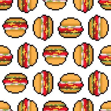 Burger pixel art pattern seamless. Hamburger pixelated background. Fast foo.. イラスト素材