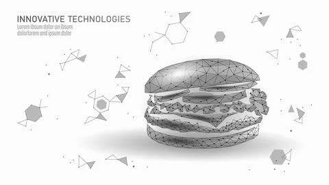 Burger polygonal lowpoly illustration. Wireframe sandwich food technology modern 스톡 일러스트