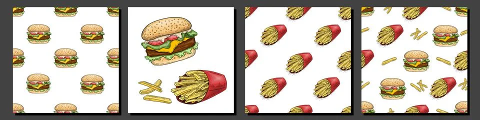Burger Potatoes Patterns Set Stock Illustration
